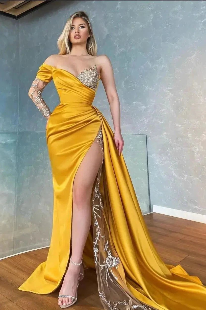 Yellow Long Sleeve Satin Sweetheart Ruffles Mermaid Prom Dress with Split by BIZTUNNEL