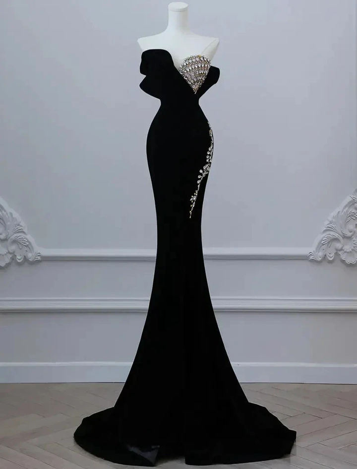 Black Luxurious Velvet Beaded Evening Dress Long Prom Dress Y7675 by simplepromdress