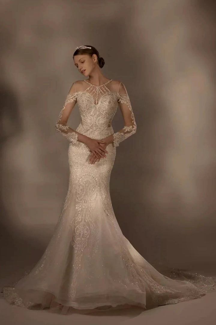 Exquisite Mermaid Halter Neck Illusion Lace Wedding Dress with Beaded Embroidery &amp; Keyhole Back H0010 by ZAPDRESS