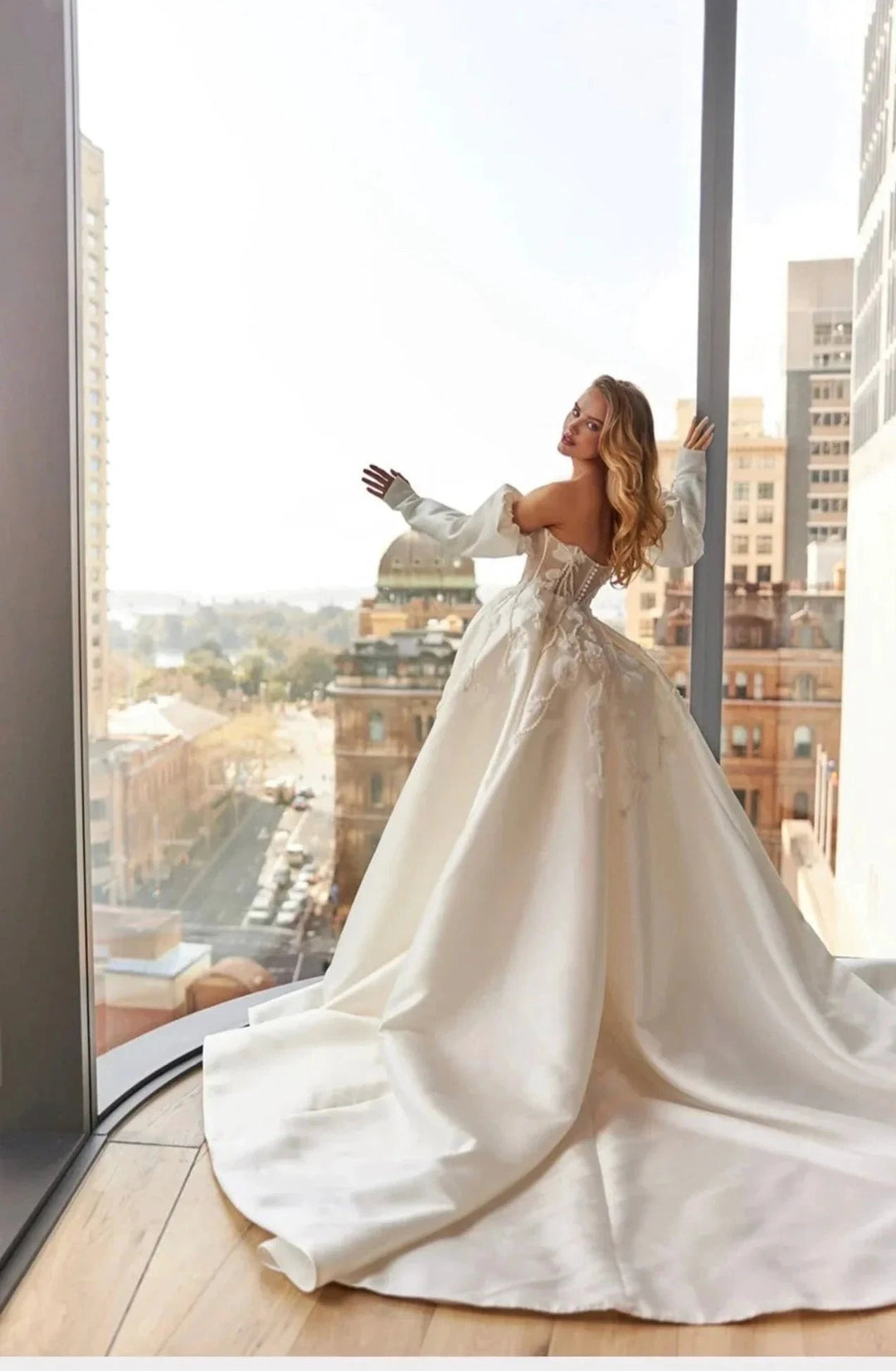 Long Ball Gown Off the Shoulder Sequined Applique Lace Wedding Dresses with Slit by BIZTUNNEL