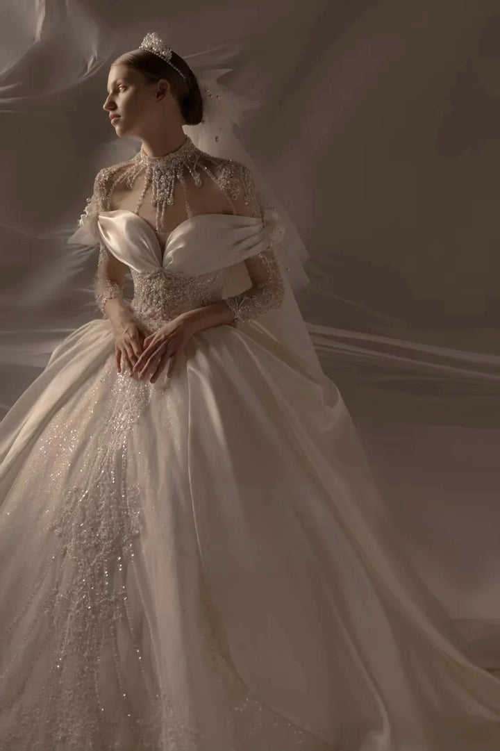 Opulent Ball Gown Off-the-Shoulder Satin Wedding Dress with Sequin Embroidery &amp; Dramatic Train Q6018 by ZAPDRESS