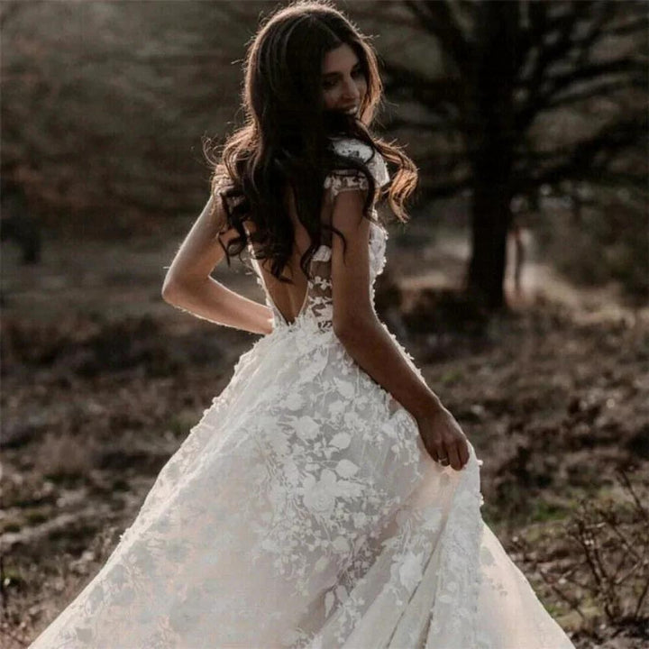 New Romantic Boho Country Wedding Dresses With 3D Flowers Sexy V-Neck Illusion Arabic Bridal Wedding Gowns by payinti