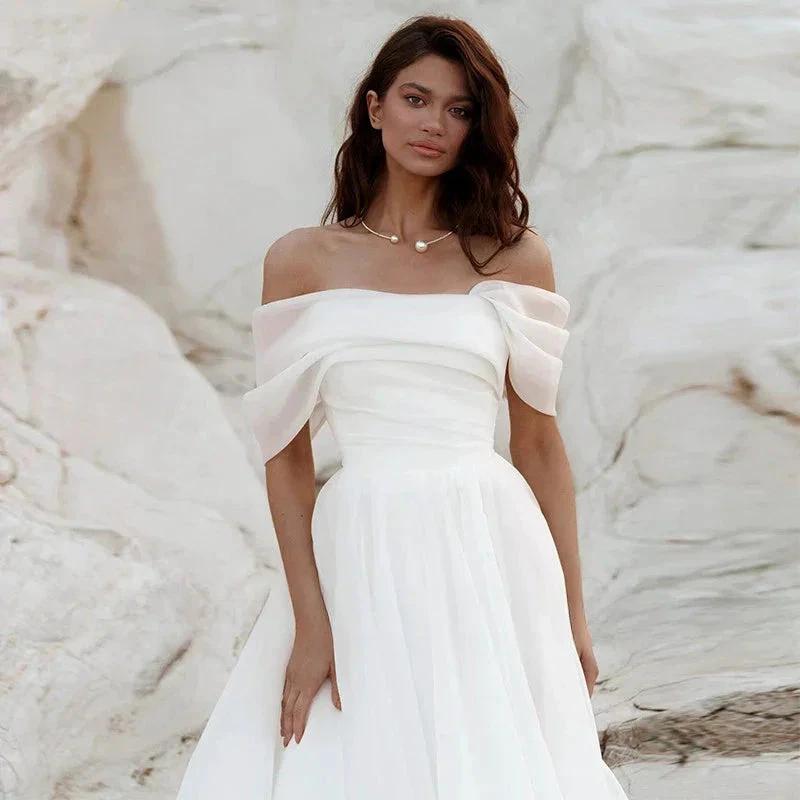 Simple A-Line Bohemian Bridal Dresses Women's Sexy Off Shoulder White Pleated Tulle Beach Formal Prom Party Fashion 2023 Wedding by payinti