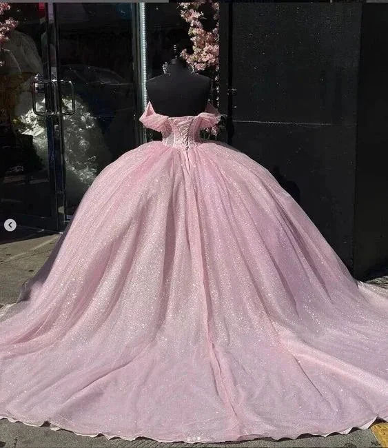 Glitter Off The Shoulder Pink Tulle Beaded Ball Gown Quinceanera Dress Y7462 by simplepromdress