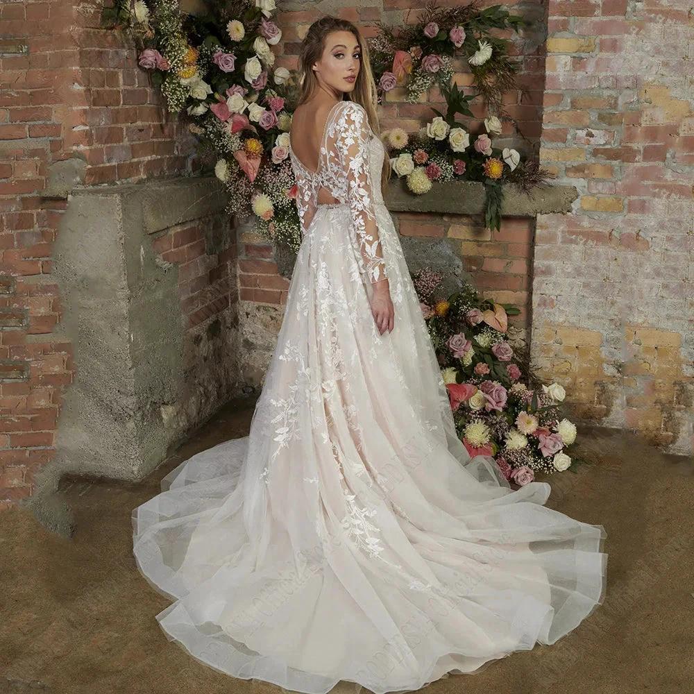 Light Champagne Modern Wedding Dresses Backless Applique Bride Gowns A-Line Tulle V-Neck Long Sleeves vestido de noiva by payinti