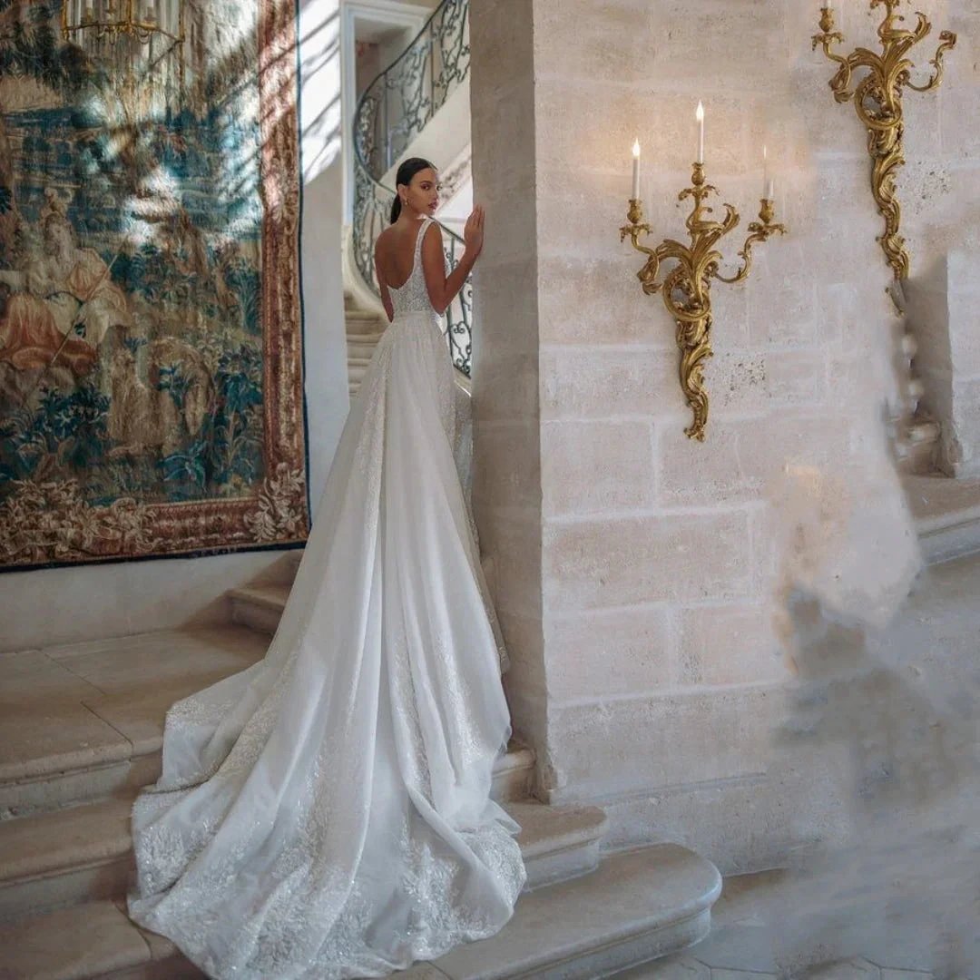 Exquisite Wedding Dress For Woman Square-Neck A-Line Lace Appliques Sequins Bride Gowns Tulle Sweep Train Vestido Custom by payinti