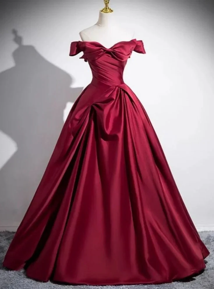 Fashion Burgundy Satin Pleats Prom Dress A Line Elegant Ball Gown Y7661 by simplepromdress