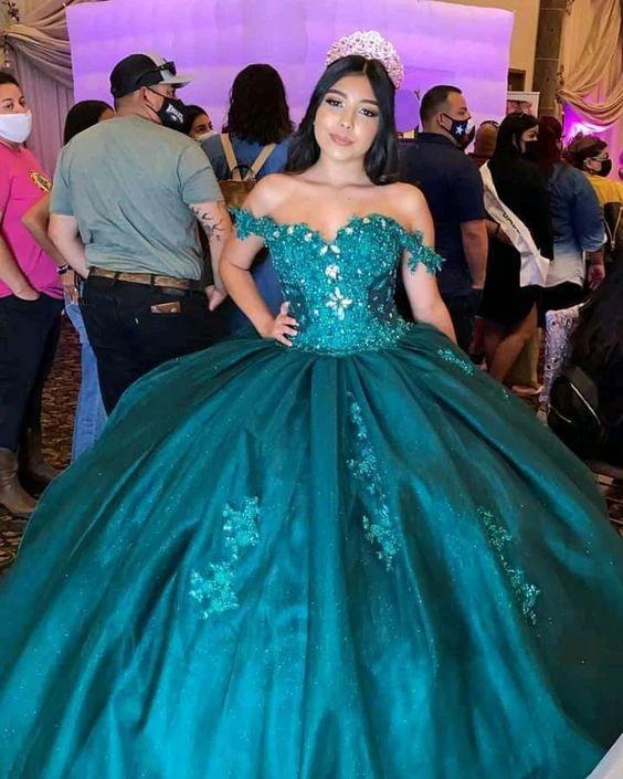 Off The Shoulder Green Tulle Ball Gown Green Quinceanera Dress Y290 by simplepromdress