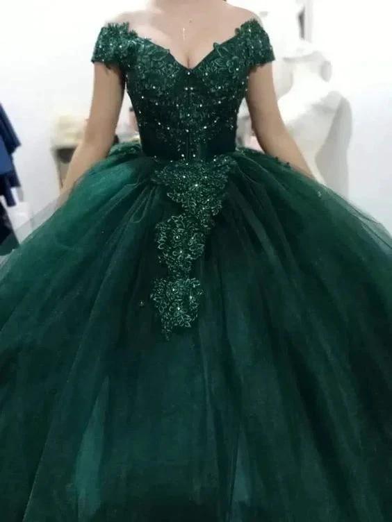 Green Quinceanera Dresses Off The Shoulder Tulle Ball Gown Y297 by simplepromdress