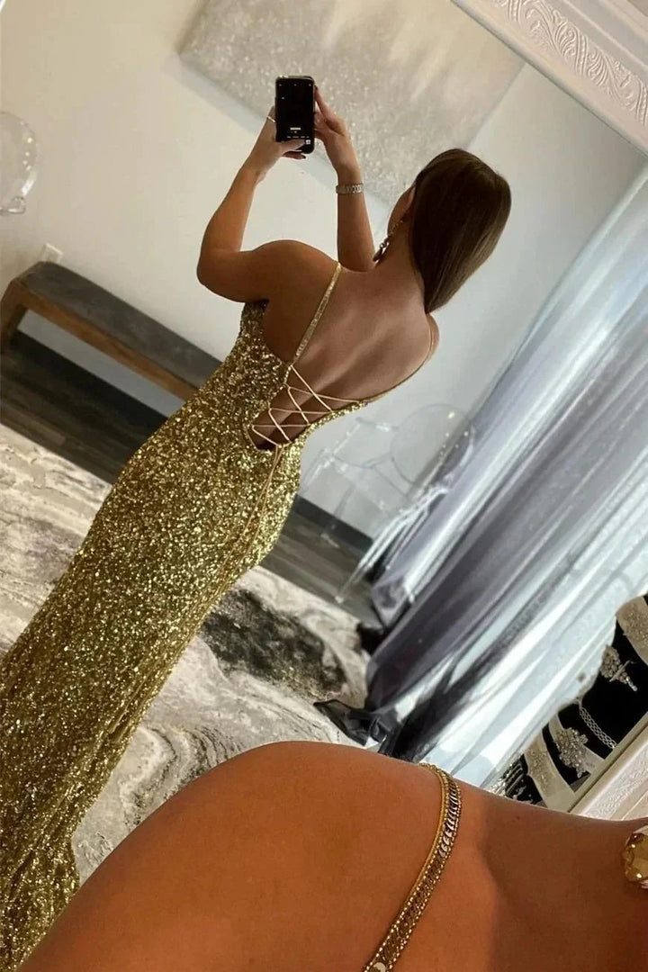 Arlene | Charming Mermaid V Nekc Gold Sequins Long Prom Dresses with Slit by KissProm
