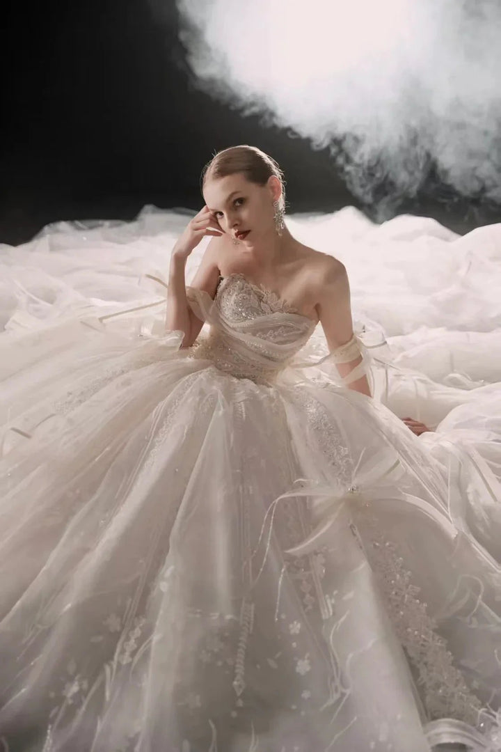 Romantic Strapless Ball Gown Tulle Ribbon Embellished Lace Wedding Dress with Voluminous Skirt H008 by ZAPDRESS