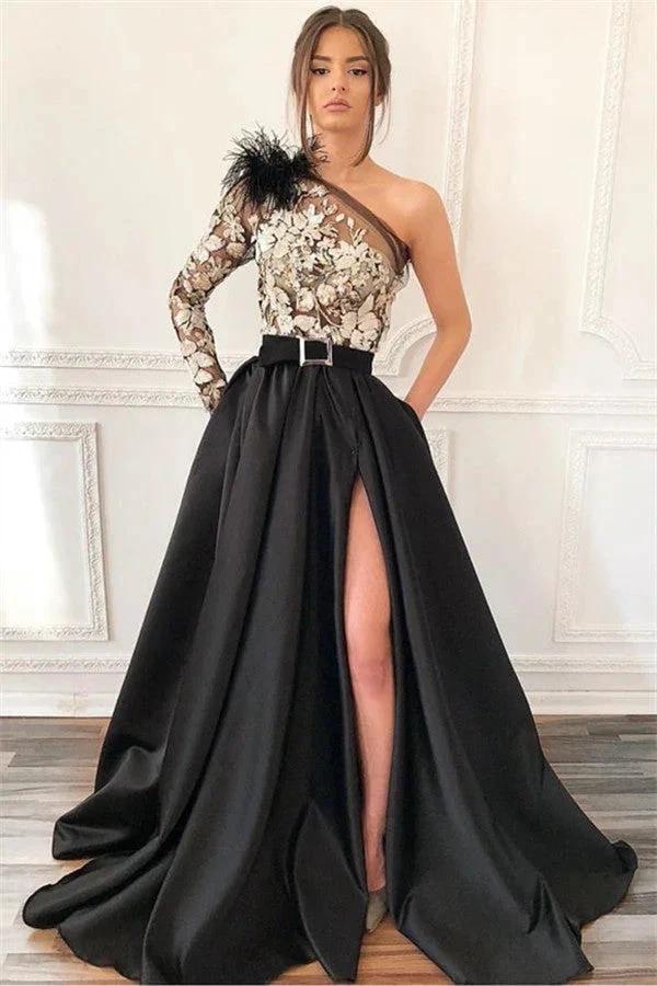 Fabulous A-line One Shoulder Front Slit Long Prom Dress with Pockets by BIZTUNNEL