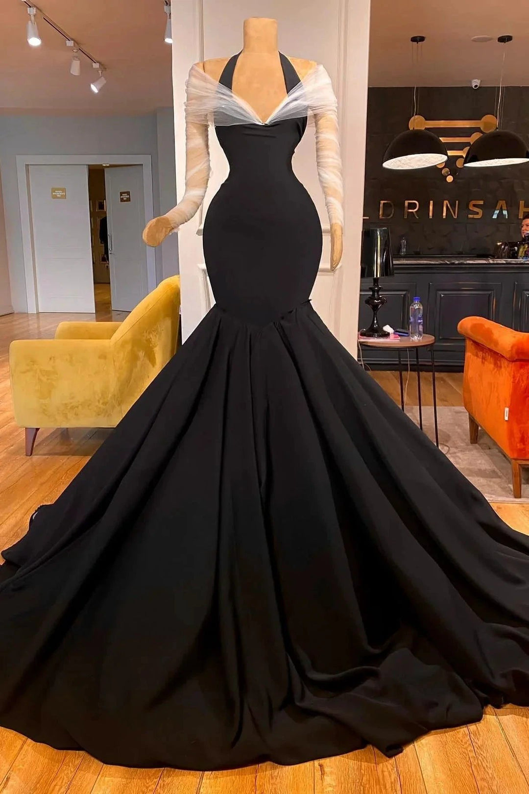 Fabulous Floor Length Long Sleeves Halter Mermaid Prom Dress with Ruffles by misshow.com
