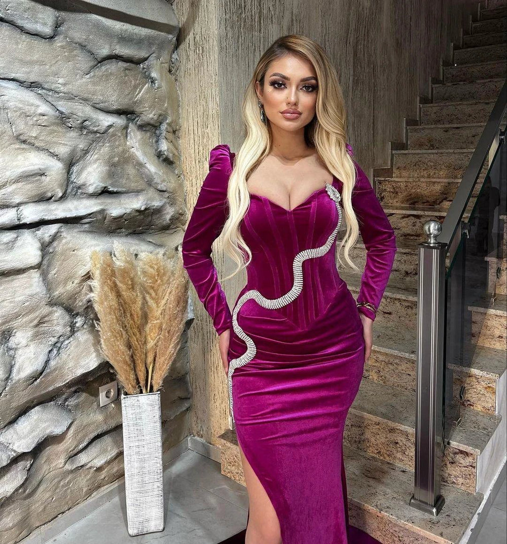Fabulous Floor Length Sweetheart Long Sleeves Mermaid Satin Prom Dress with Split by misshow.com