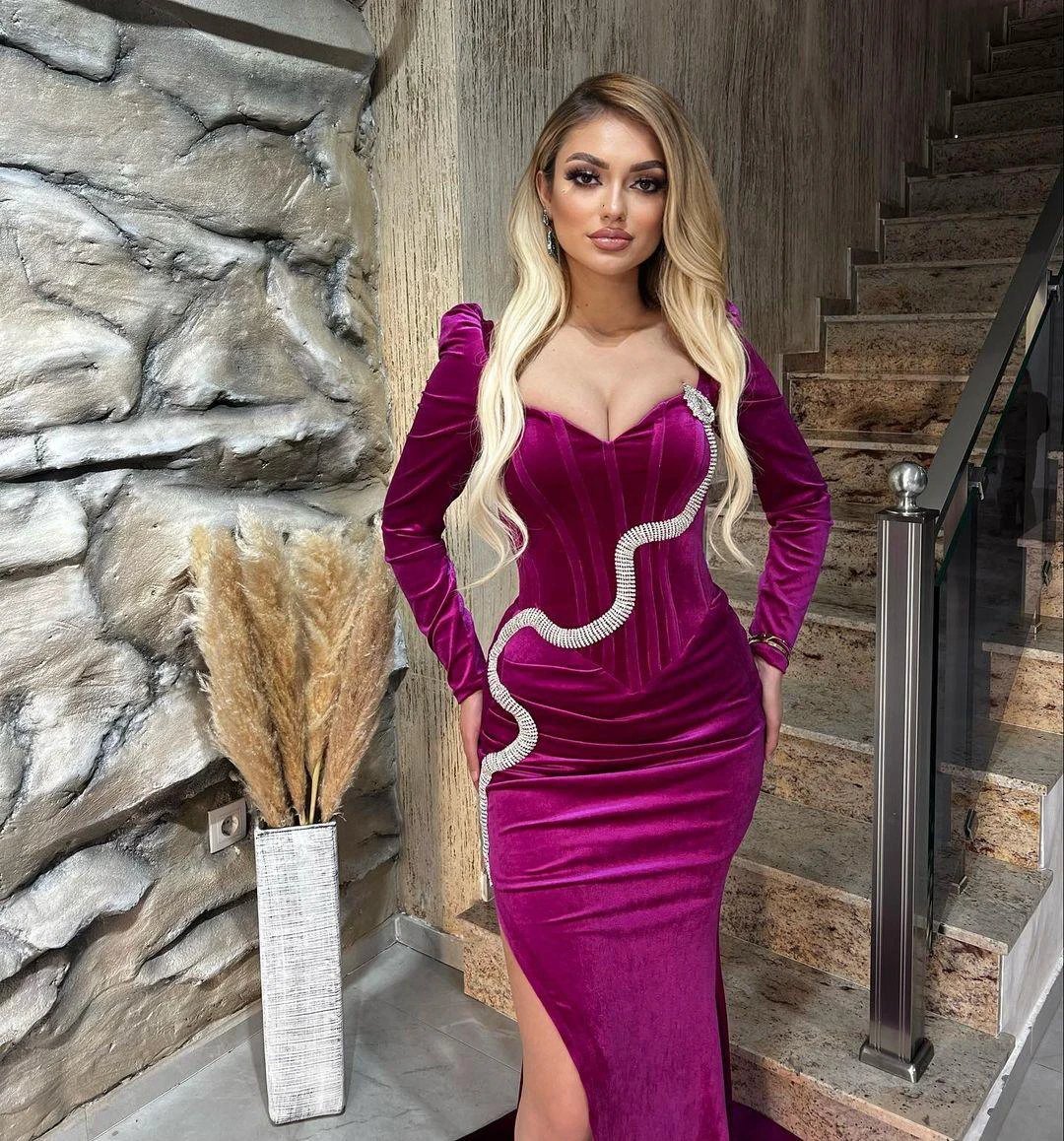 Fabulous Floor Length Sweetheart Long Sleeves Mermaid Satin Prom Dress with Split by misshow.com