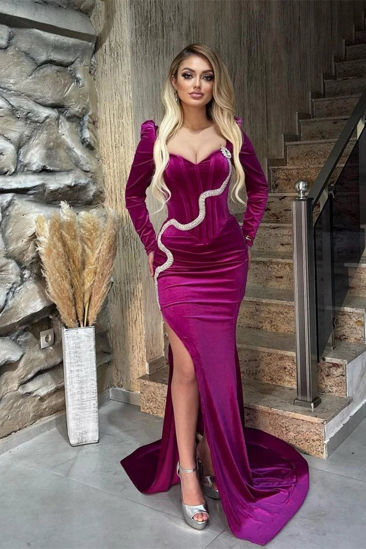 Fabulous Floor Length Sweetheart Long Sleeves Mermaid Satin Prom Dress with Split by misshow.com