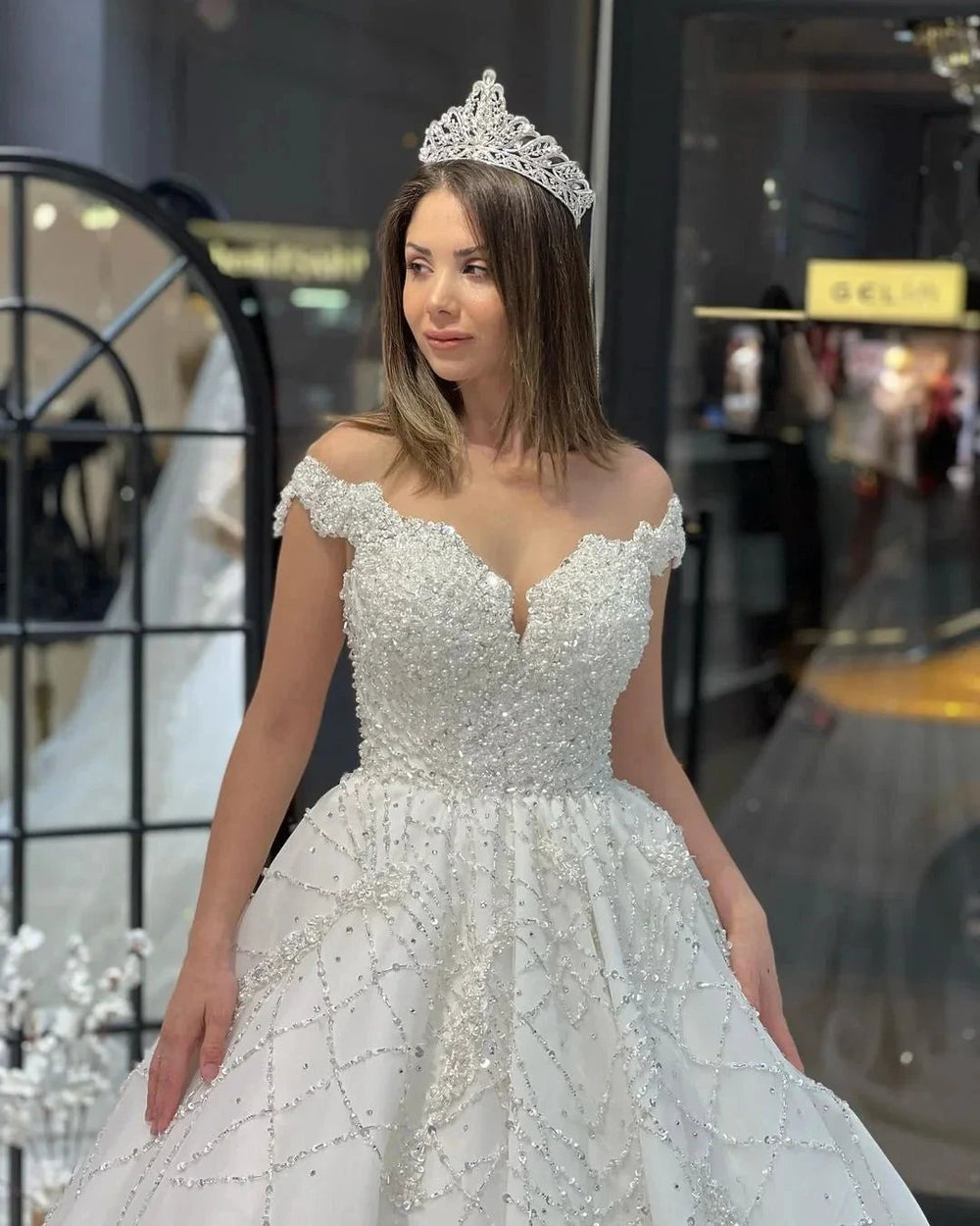Fabulous Floor Length Sweetheart Off-The-Shoulder A-Line Sequined Wedding Dress with Ruffles by misshow.com