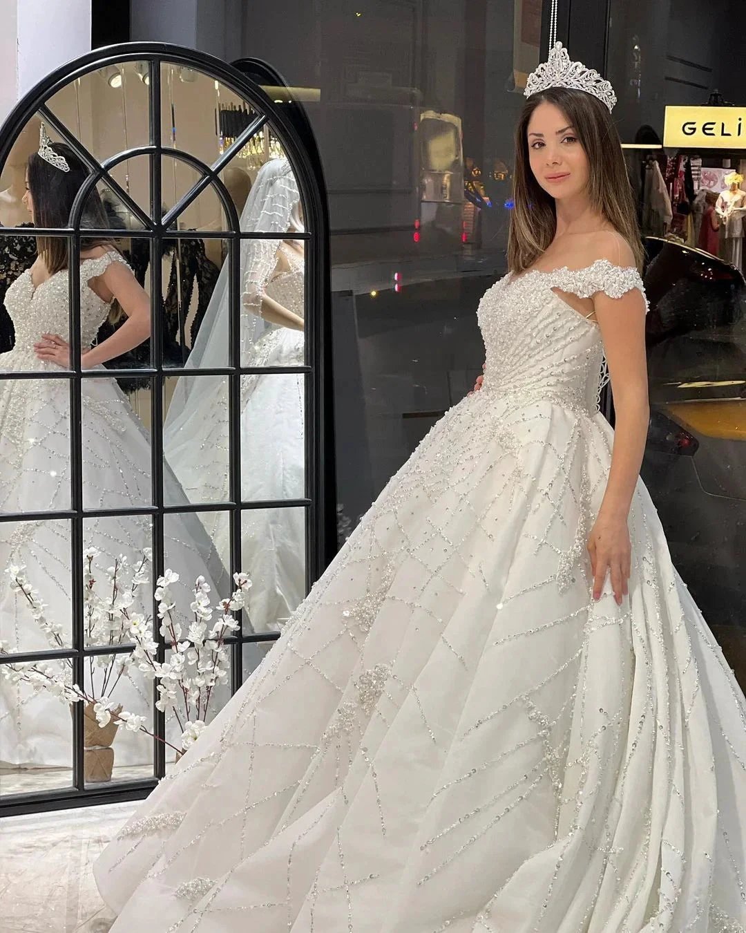 Fabulous Floor Length Sweetheart Off-The-Shoulder A-Line Sequined Wedding Dress with Ruffles by misshow.com