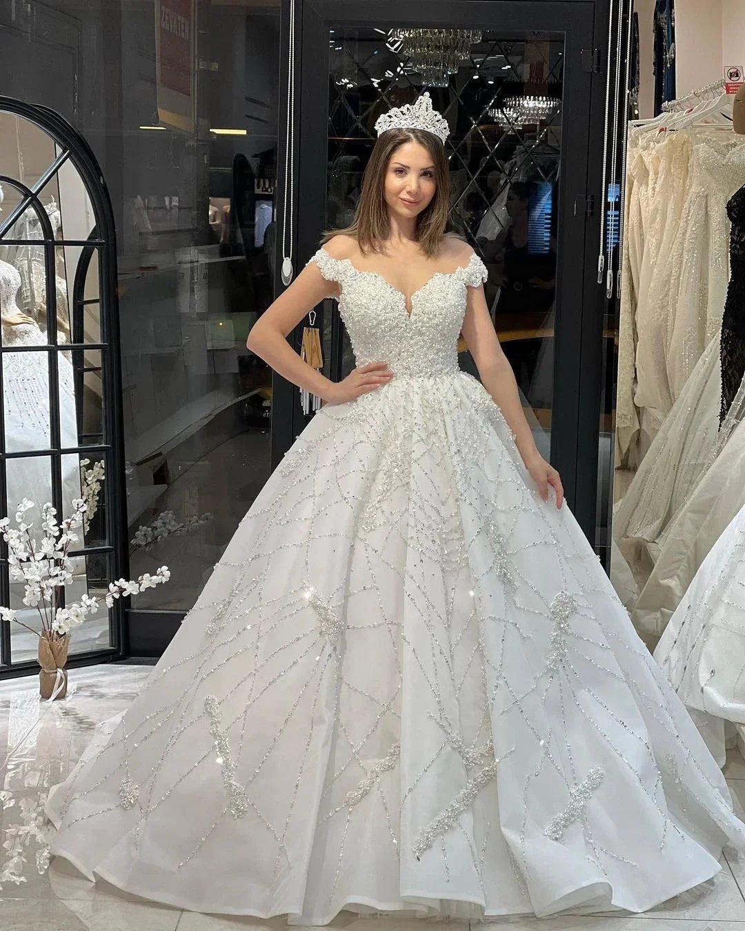 Fabulous Floor Length Sweetheart Off-The-Shoulder A-Line Sequined Wedding Dress with Ruffles by misshow.com