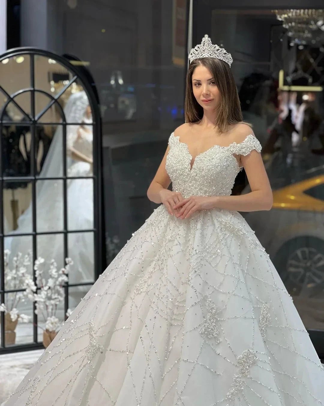 Fabulous Floor Length Sweetheart Off-The-Shoulder A-Line Sequined Wedding Dress with Ruffles by misshow.com