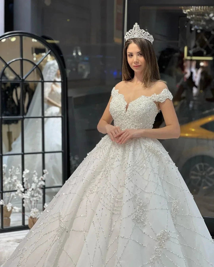 Fabulous Floor Length Sweetheart Off-The-Shoulder A-Line Sequined Wedding Dress with Ruffles by misshow.com