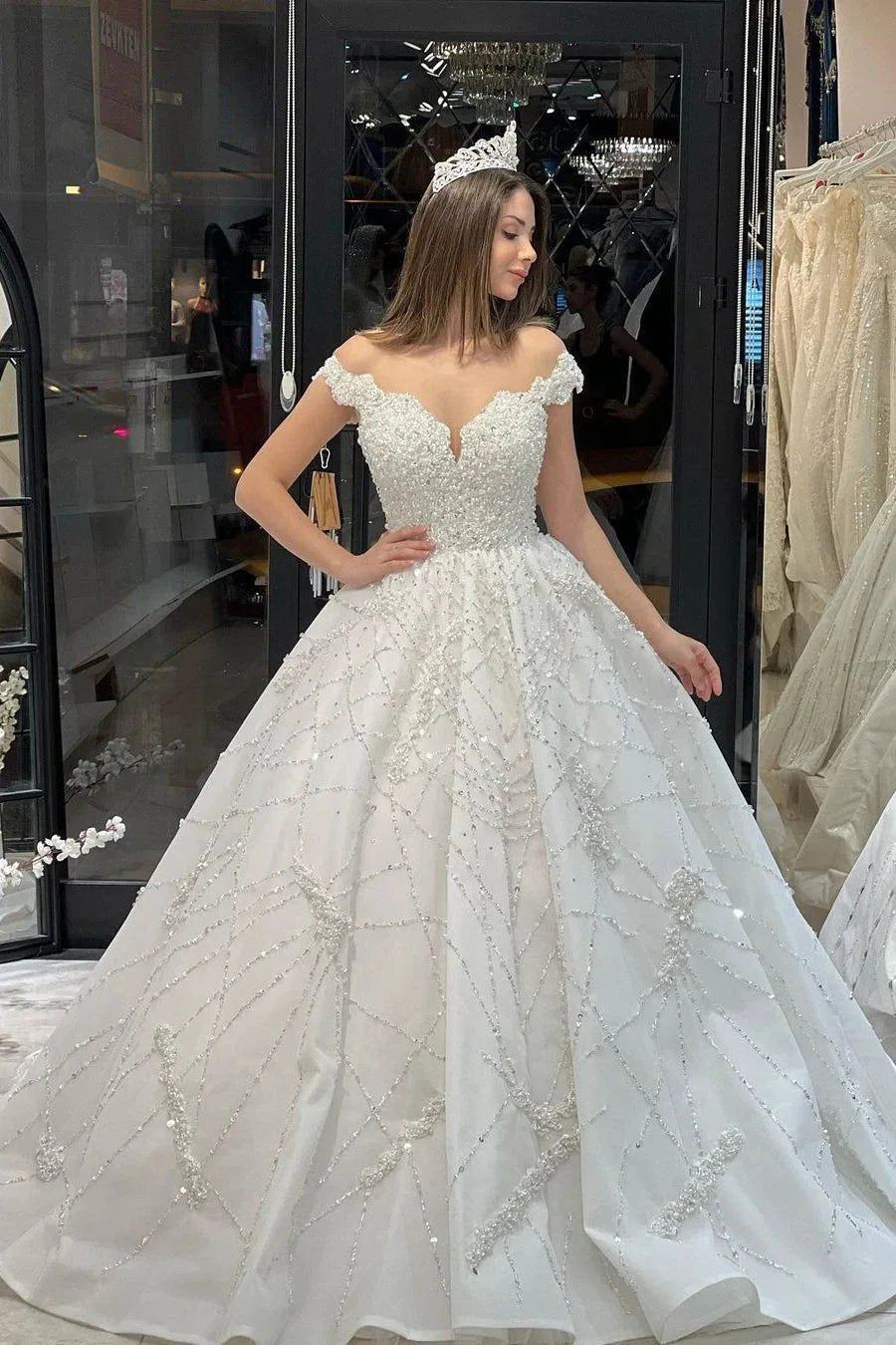 Fabulous Floor Length Sweetheart Off-The-Shoulder A-Line Sequined Wedding Dress with Ruffles by misshow.com