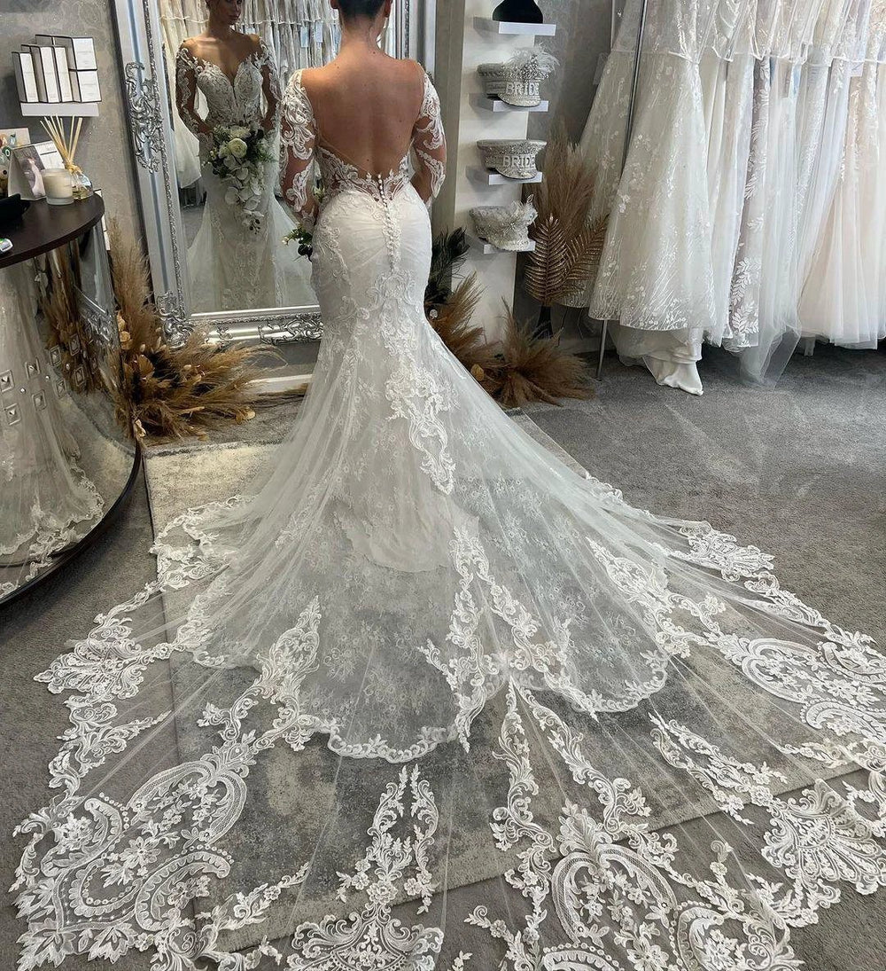 Fabulous Floor Length V-Neck Long Sleeves Mermaid Lace Wedding Dress with Chapel Train by misshow.com