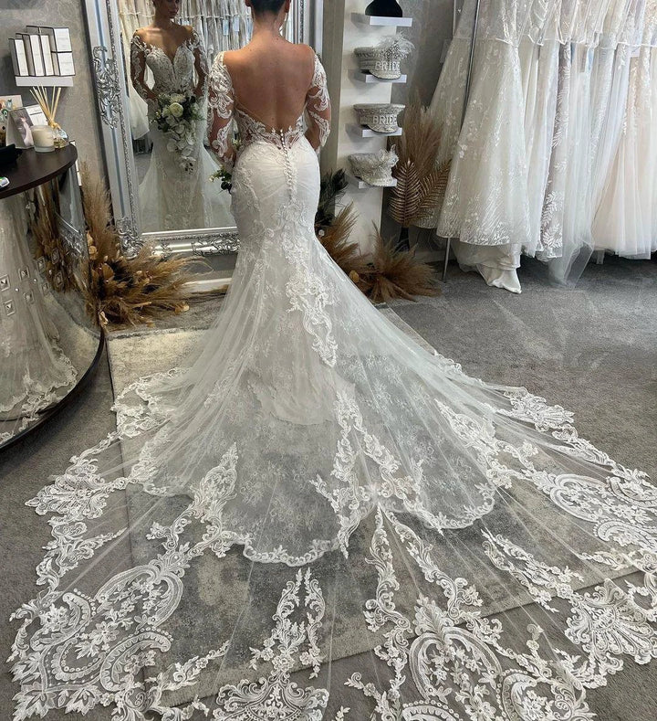 Fabulous Floor Length V-Neck Long Sleeves Mermaid Lace Wedding Dress with Chapel Train by misshow.com