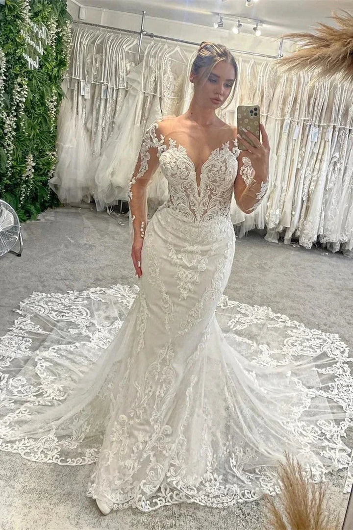 Fabulous Floor Length V-Neck Long Sleeves Mermaid Lace Wedding Dress with Chapel Train by misshow.com