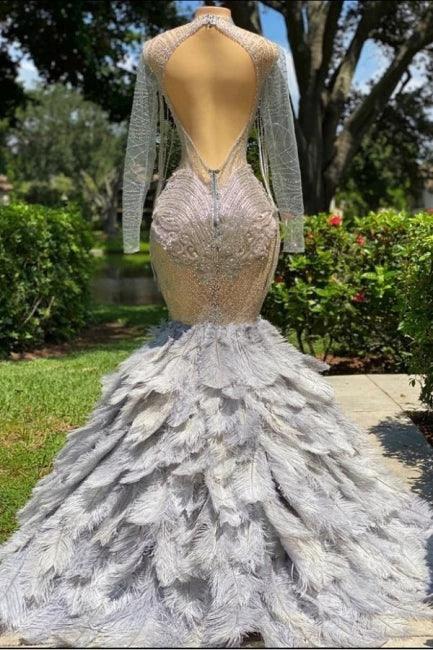 Fabulous Grey Sequined Beading Feather Mermaid Long Sleeves Tulle Prom Dress by misshow.com