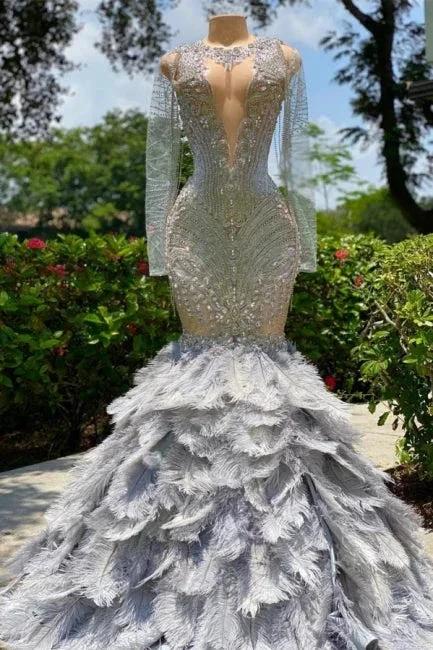 Fabulous Grey Sequined Beading Feather Mermaid Long Sleeves Tulle Prom Dress by misshow.com