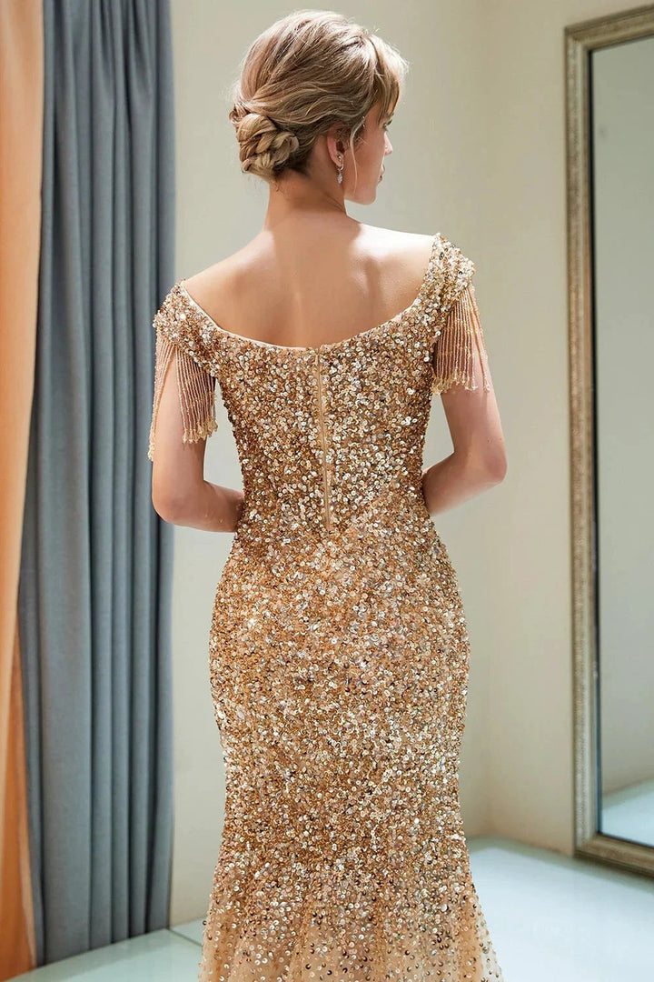Fabulous Long Mermaid Off-the-shoulder Tulle Sequined Prom Dress by BIZTUNNEL