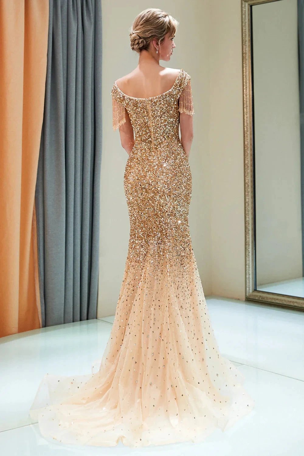 Fabulous Long Mermaid Off-the-shoulder Tulle Sequined Prom Dress by BIZTUNNEL