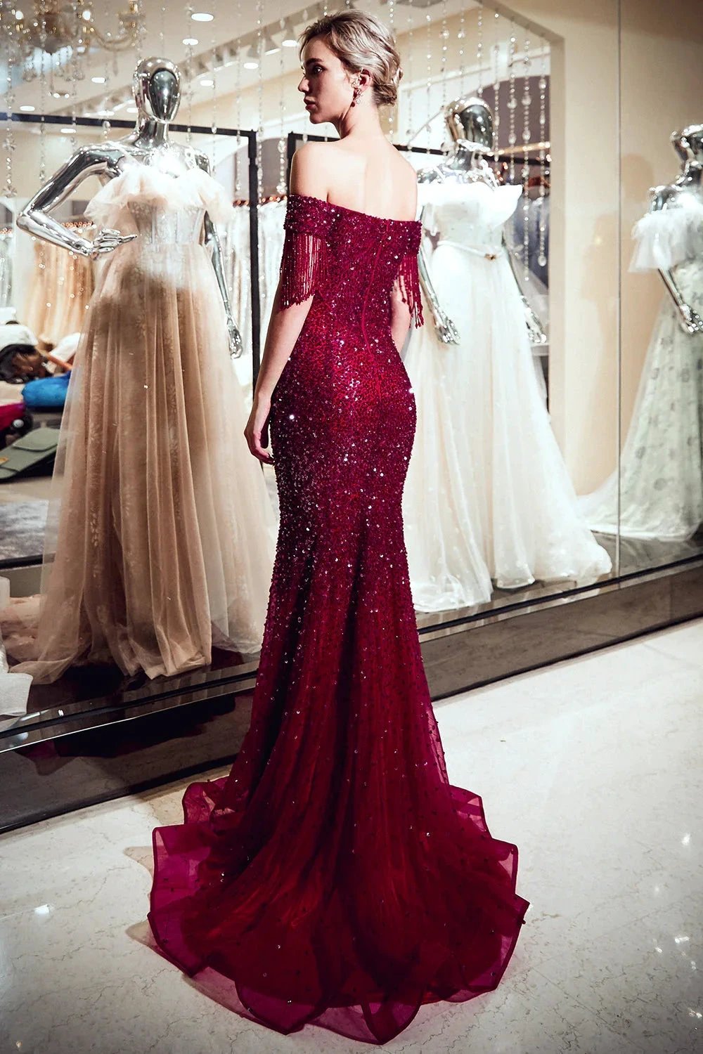 Fabulous Long Mermaid Off-the-shoulder Tulle Sequined Prom Dress by BIZTUNNEL