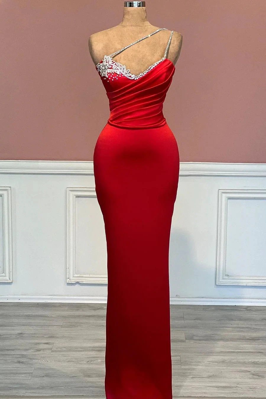 Fabulous Long Red One Shoulder Straps Mermaid Jewels Prom Dress by misshow.com