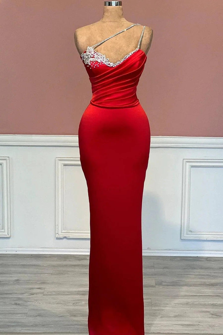 Fabulous Long Red One Shoulder Straps Mermaid Jewels Prom Dress by misshow.com