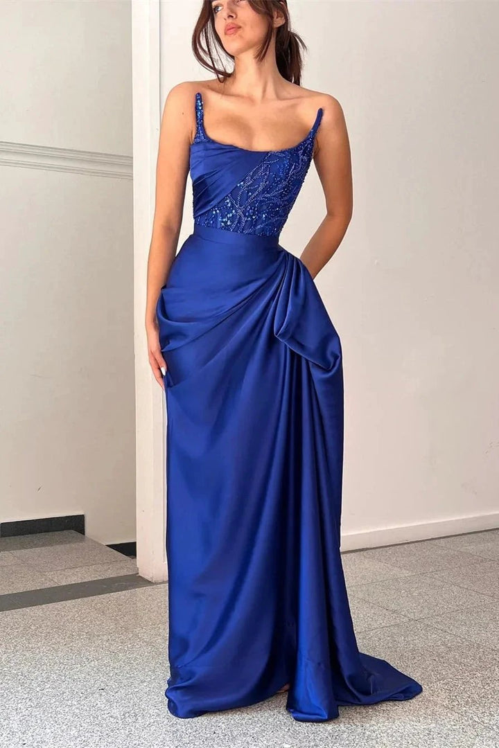 Fabulous Long Royal Blue Sleeveless Sequined Beading Prom Dress With Ruffles by misshow.com