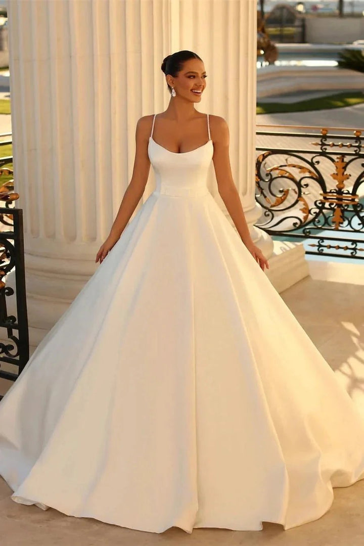 Fabulous Long White A-line Spaghetti Straps Satin Wedding Dress by misshow.com