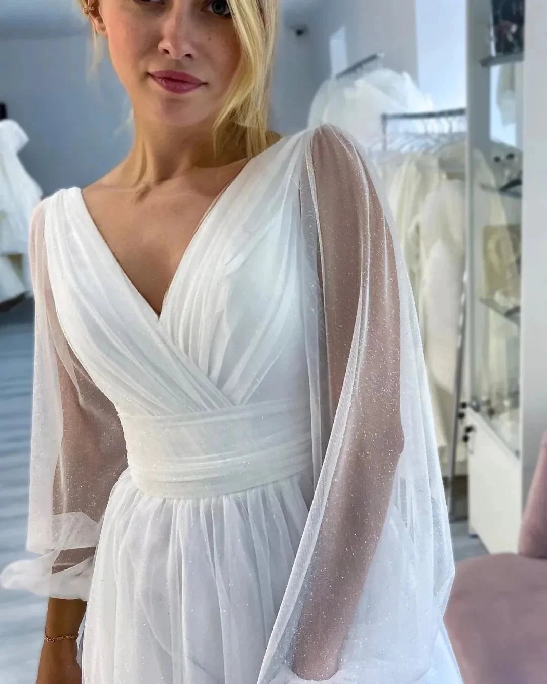 Fabulous Long White A-line V-neck Long Sleeves Glitter Wedding Dress With Slit by misshow.com