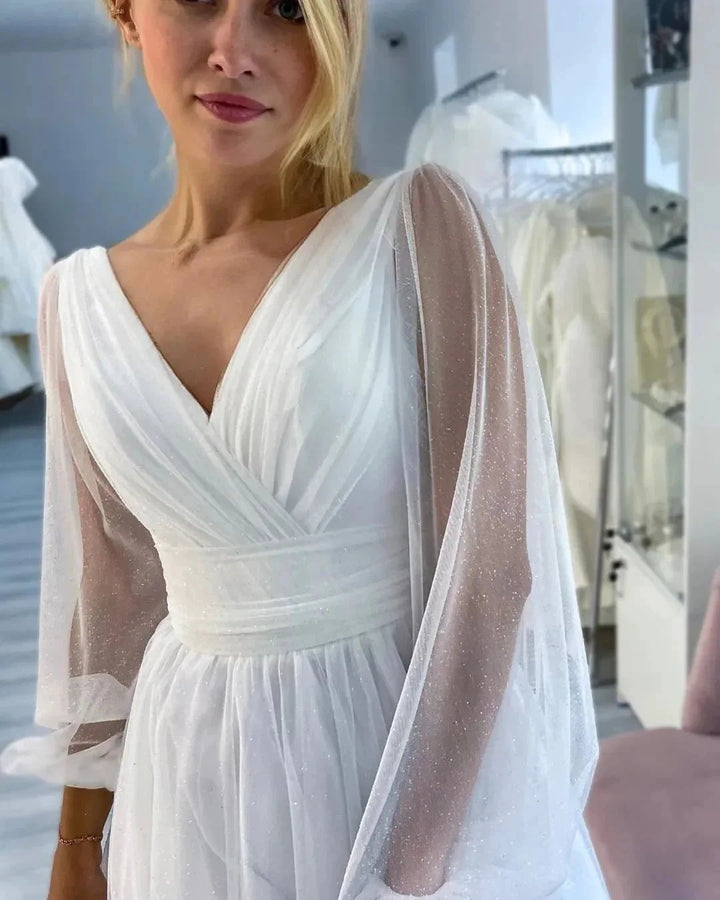 Fabulous Long White A-line V-neck Long Sleeves Glitter Wedding Dress With Slit by misshow.com