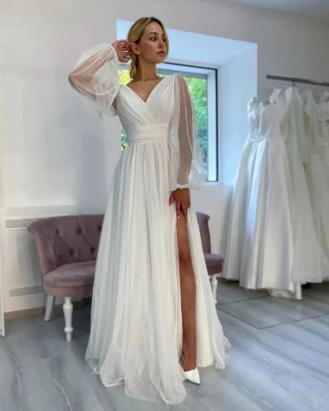 Fabulous Long White A-line V-neck Long Sleeves Glitter Wedding Dress With Slit by misshow.com