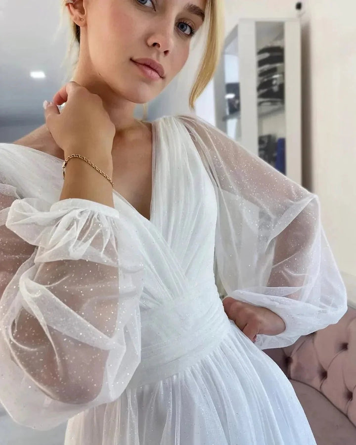 Fabulous Long White A-line V-neck Long Sleeves Glitter Wedding Dress With Slit by misshow.com
