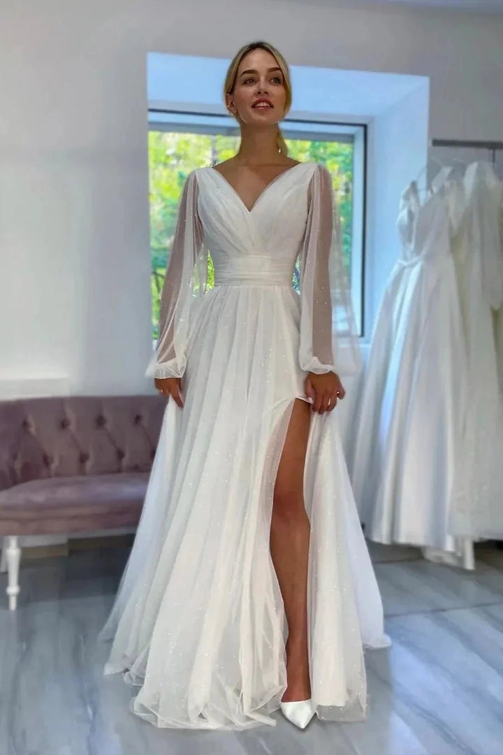 Fabulous Long White A-line V-neck Long Sleeves Glitter Wedding Dress With Slit by misshow.com