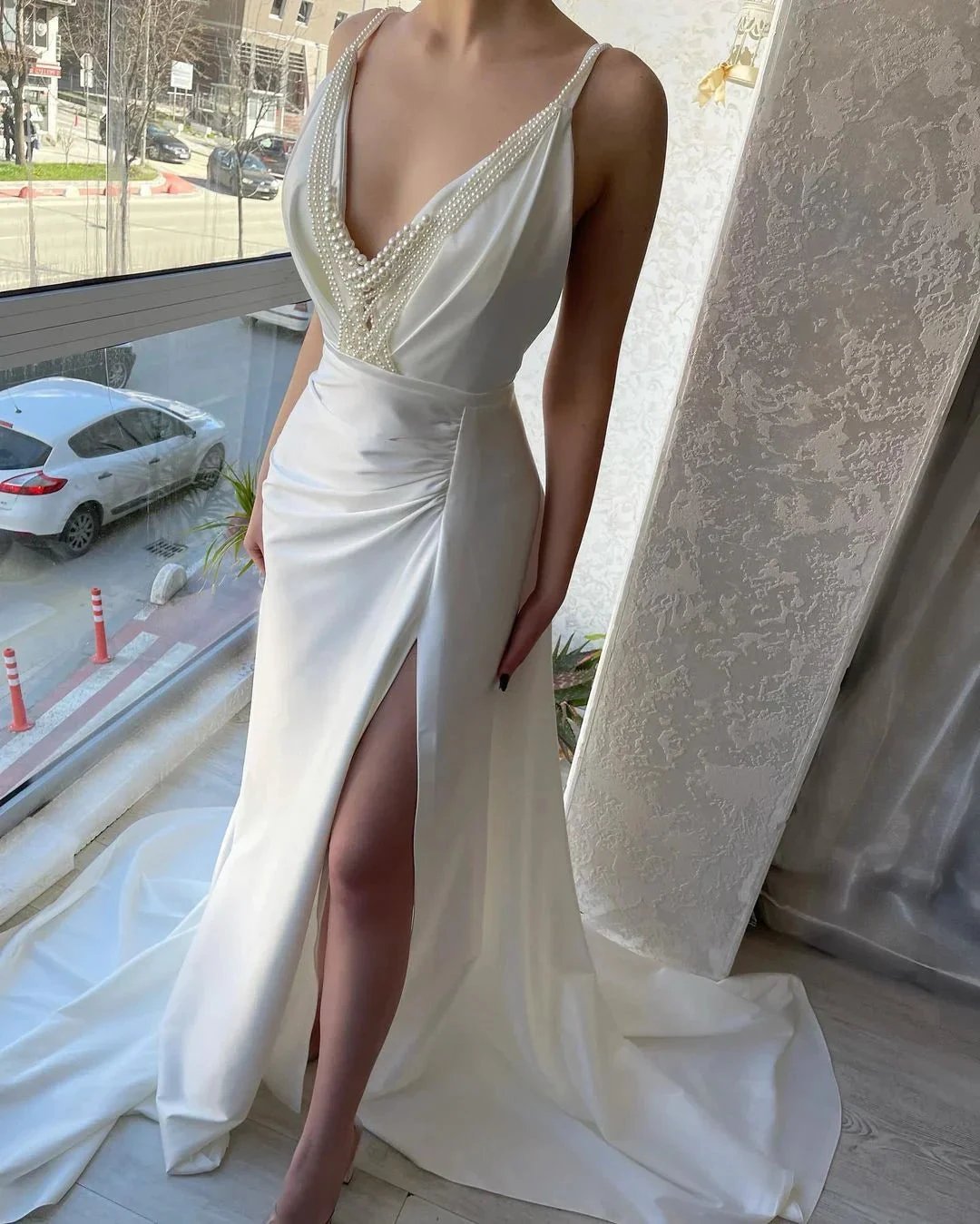 Fabulous Long White V-neck Pearls Sleeveless Prom Dress With Slit by misshow.com