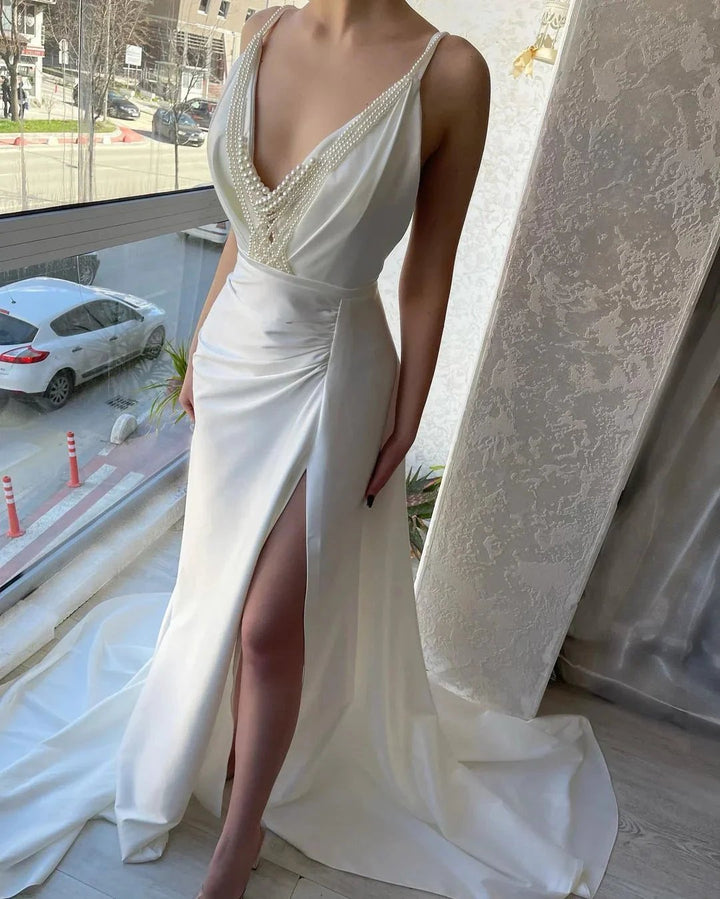 Fabulous Long White V-neck Pearls Sleeveless Prom Dress With Slit by misshow.com