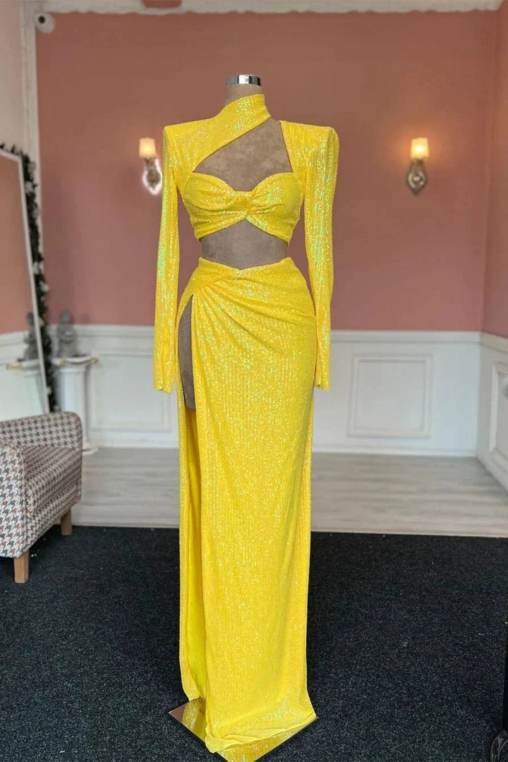 Fabulous Long Yellow Sequined High Neck Long Sleeves Prom Dress With Slit by misshow.com