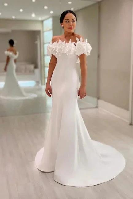 Fabulous Mermaid Satin Off-The-Shoulder Sleeveless White Wedding Dress by misshow.com