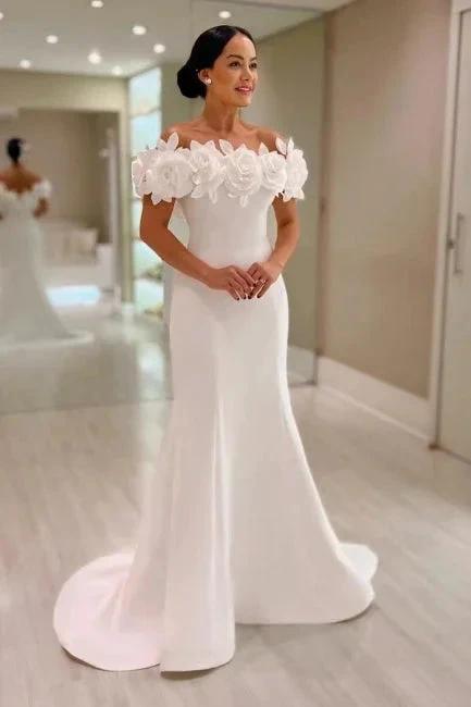 Fabulous Mermaid Satin Off-The-Shoulder Sleeveless White Wedding Dress by misshow.com