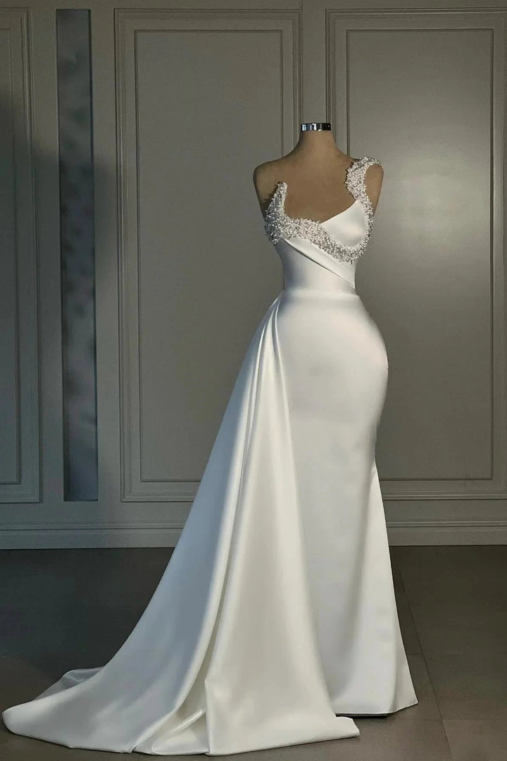 Fabulous Mermaid Satin One Shoulder Sleeveless White Wedding Dresses With Rhinestone by misshow.com