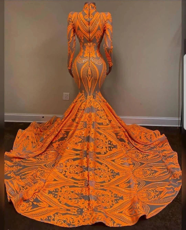 Fabulous Orange Halter Appliques Lace Long Sleeve Mermaid Prom Dresses by misshow.com